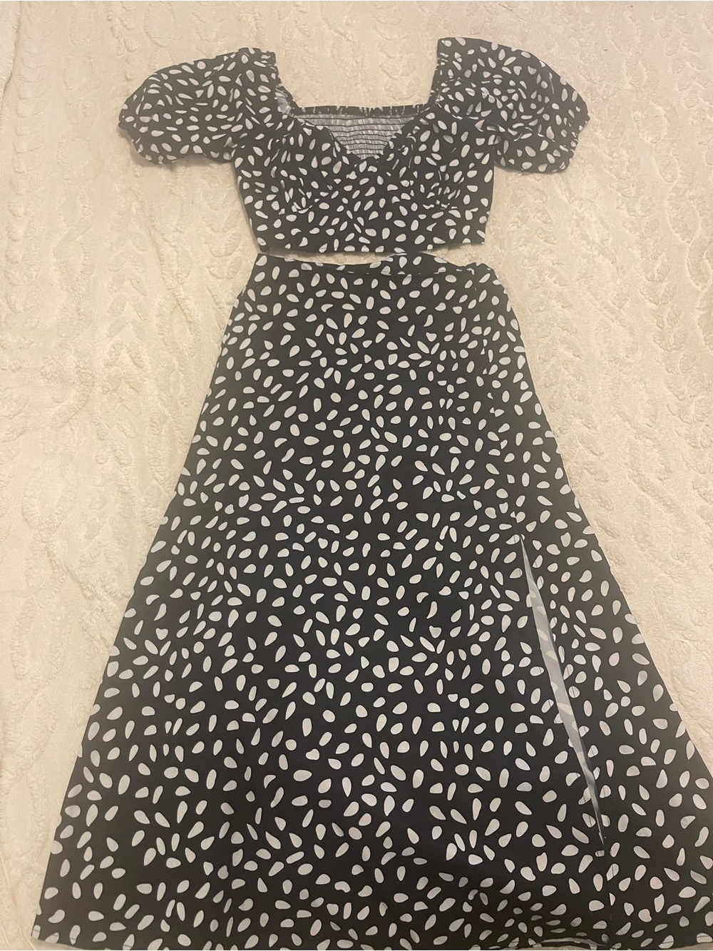 Black & White Puff-Sleeve Crop Top and Skirt Set